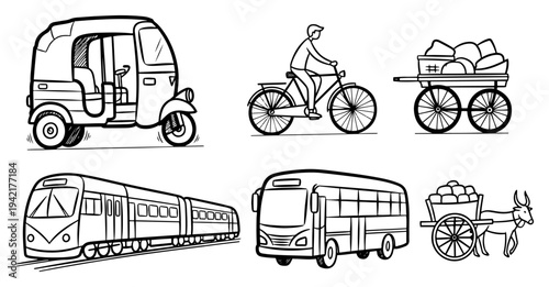 Indian transport vehicles collection featuring auto rickshaw bus train and local carts in minimalist line art style