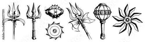 Hindu mythological divine weapons including trishula gada and sudarshana chakra in detailed sketch style