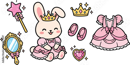 Cute cartoon rabbit wearing crown and pink dress with magic wand mirror shoes and heart jewel princess dress accessories