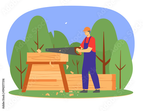 flat vector illustration of carpenter cutting wood with hand saw