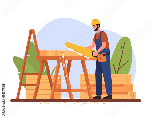 flat vector illustration of carpenter cutting wood with hand saw