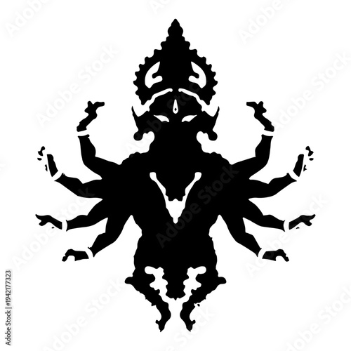 Hindu goddess multi armed deity silhouette in symmetrical rorschach inkblot style