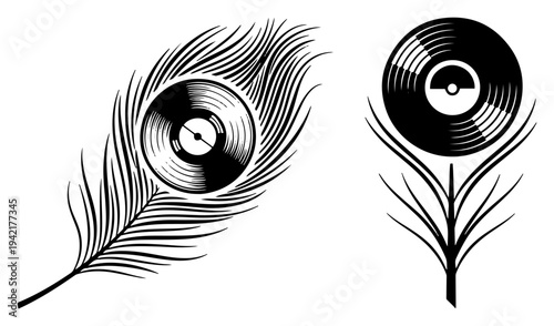 Peacock feathers merged with vinyl record discs in creative black and white graphic style