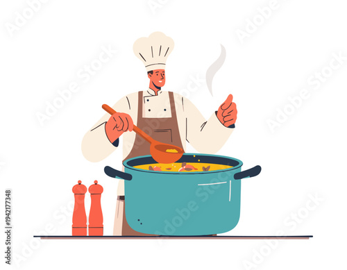 flat vector illustration of chef stirring soup in cooking pot