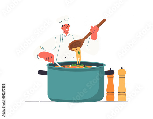 flat vector illustration of chef stirring soup in cooking pot