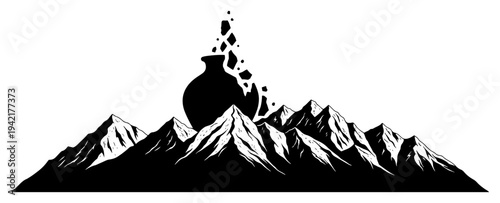 Mountain range with breaking clay pot matki in surreal black and white conceptual style