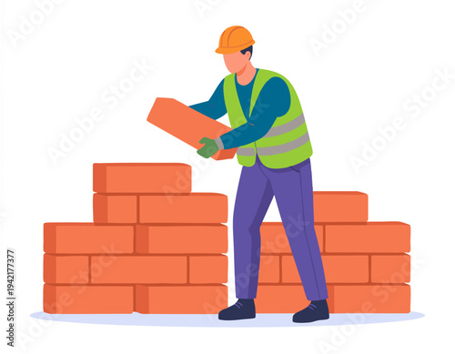 flat vector illustration of construction worker lifting bricks while building wall