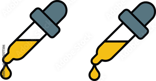 Minimalist dropper pipette illustration with gray bulb and yellow liquid droplet in clean flat laboratory vector style