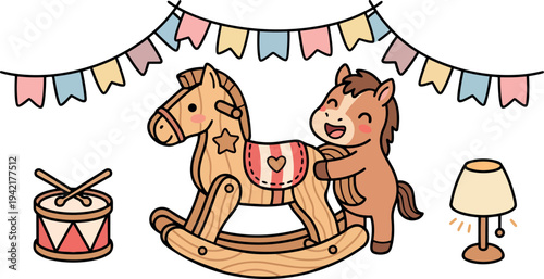 Cute brown baby horse hugging wooden rocking horse toy with colorful flags drum and lamp in cozy nursery flat vector art