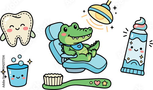 Cute cartoon crocodile sitting in blue dental chair with bright lamp and smiling happy tooth toothpaste tube and toothbrush icons