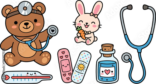Cute smiling bear doctor with stethoscope and happy bunny holding carrot with medical supplies cheerful vector illustration