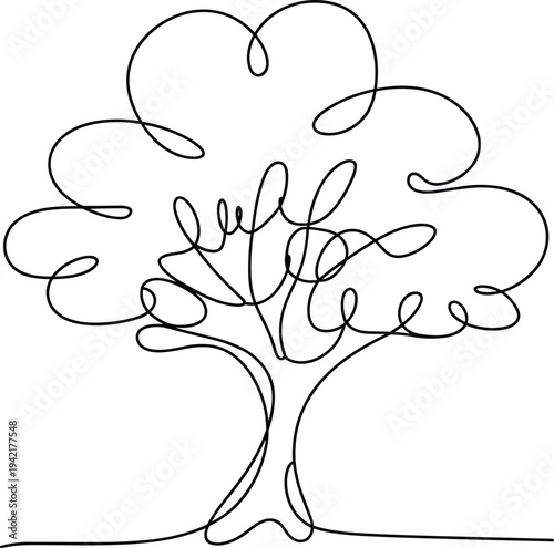 Continuous line drawing of a tree with a dense, abstract canopy and roots on a white background single line