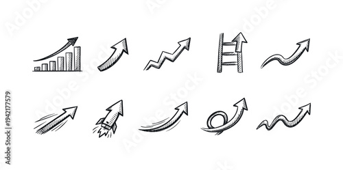 Business growth line icon set: various economic trend and development symbols.