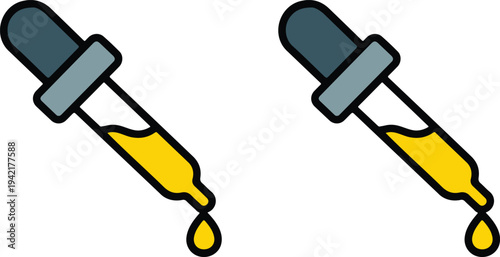 Minimalist dropper pipette illustration with gray bulb and yellow liquid droplet in clean flat laboratory vector style