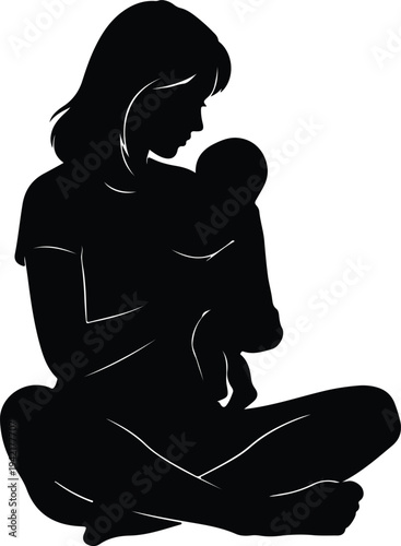Vector loving mother gently holding newborn baby in arms silhouette design