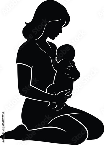 Vector loving mother gently holding breastfeeding newborn baby child silhouette design