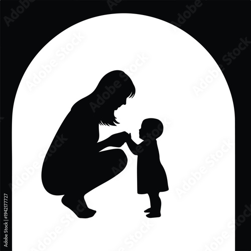 Vector Loving mother helping baby take first steps family bonding silhouette design