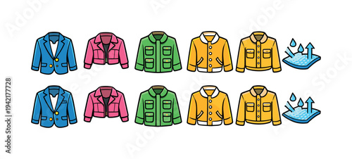 Clothing, fashion flat icon set. Wardrobe essentials, apparel icons collection