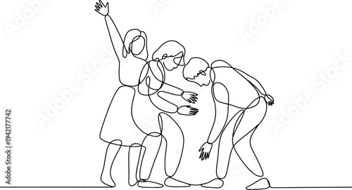 Continuous line drawing of three people interacting with one person looking down and two reaching out on a white background