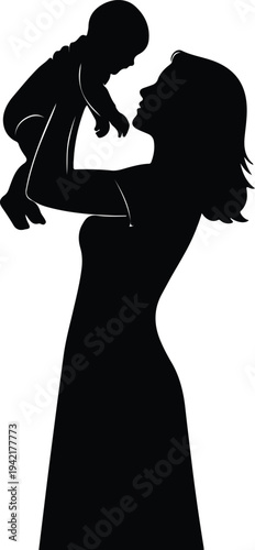 Vector loving mother holding baby up gentle care minimal silhouette design