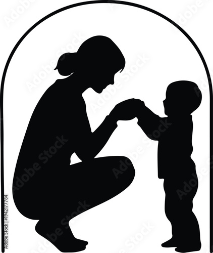 Vector loving mother holding child's hands support care parenting silhouette design