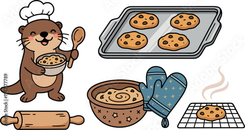 Cute happy otter chef holding cookie dough with wooden spoon baking chocolate chip cookies on baking tray and cooling rack with oven mitts and rolling pin vector art