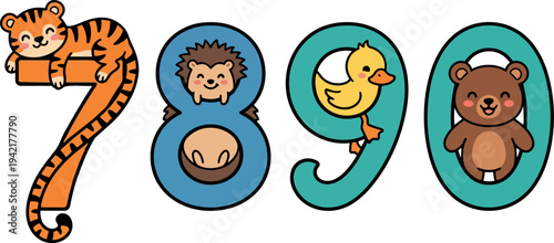 Cute animal themed numbers seven tiger eight hedgehog nine duck zero bear colorful vector art