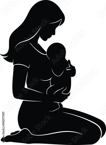 Vector loving mother holding newborn baby tenderly embracing family care silhouette design