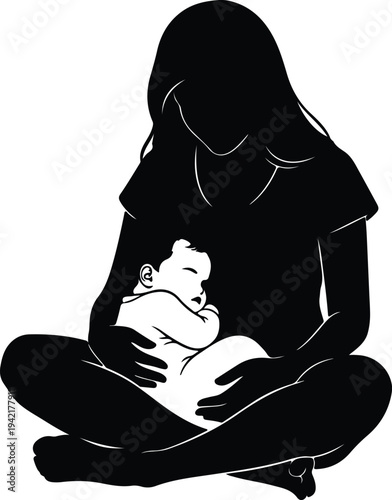 Vector loving mother holds sleeping newborn baby tenderly showing maternal care silhouette design