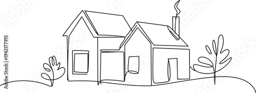 Minimalist continuous line drawing of a house with a chimney and surrounding foliage on a white background