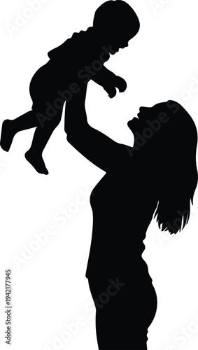 Vector loving mother lifting happy baby up with joy family silhouette design