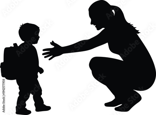 Vector loving mother reaches out to young child with backpack silhouette design
