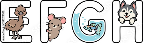 Cute cartoon style animals integrated with letters e f g h featuring emu mouse fish and husky dog playful educational design for kids