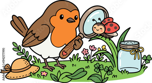Cute cartoon bird examining ladybug with magnifying glass on grassy meadow with jar and straw hat colorful illustration