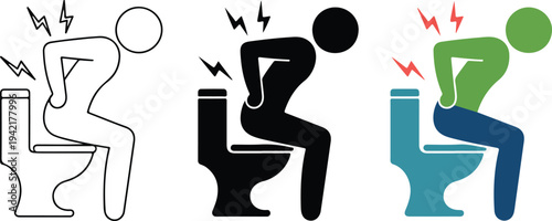 Minimalist toilet discomfort icon set with stick figure sitting on toilet and lightning bolt pain symbols in vector style