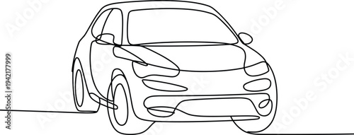 Minimalist continuous line drawing of a modern hatchback car viewed from the front on a white background