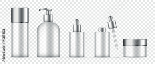 Realistic glass cosmetic jars and bottles with metallic caps vector illustration