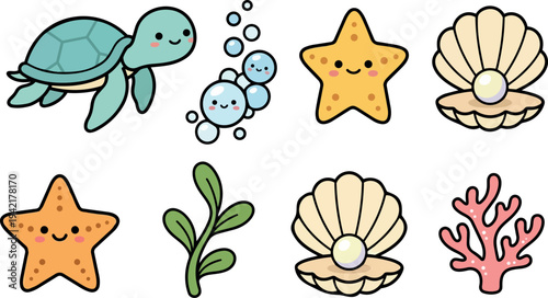 Cute flat design cartoon sea turtle starfish shell pearl coral seaweed and bubbles vector art set