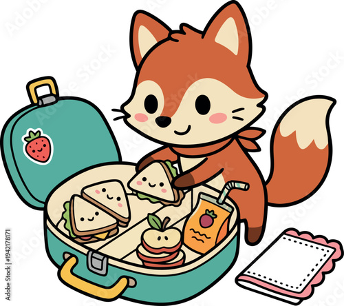Cute cartoon fox preparing sandwich lunchbox with juice and apple flat design vector art bright colorful illustration