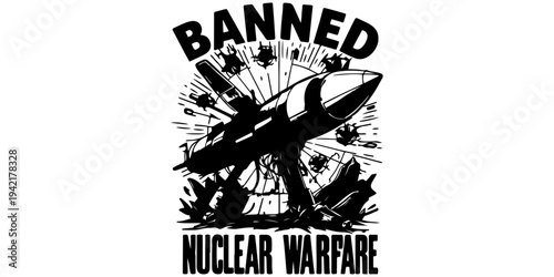Nuclear weapons banned sign with radiation symbol crossed out, grunge textured black and white icon for treaty on the prohibition of nuclear weapons, disarmament, and global peace activism.