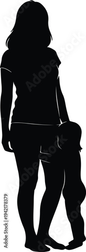 Vector loving young mother holding child walking together family silhouette design