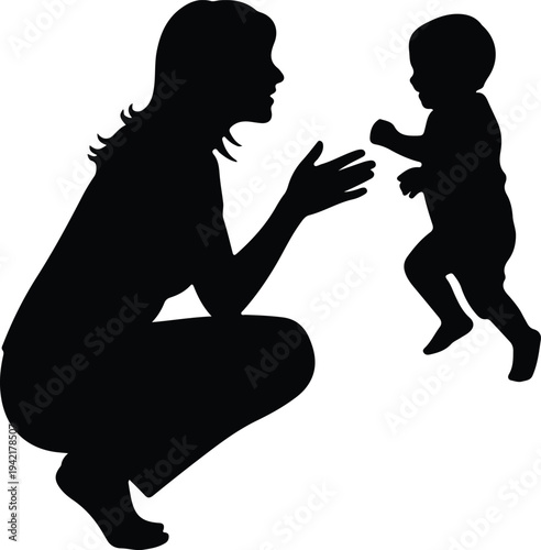 Vector Mother And Baby Playing First Steps Loving Family silhouette design