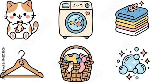 Cute kawaii cat holding sock next to smiling washing machine laundry basket and folded clothes stack with bubbles and hanger icons