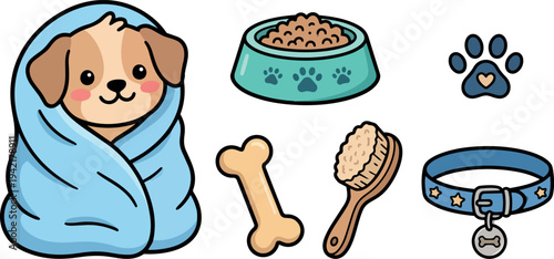 Cute smiling puppy wrapped in blue blanket surrounded by dog food bone brush collar and paw print icons