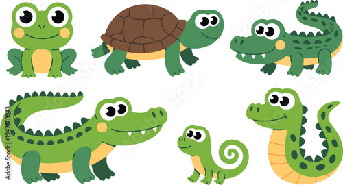 Cute reptile animal vector illustration set featuring frog turtle crocodile snake and lizard in playful cartoon style