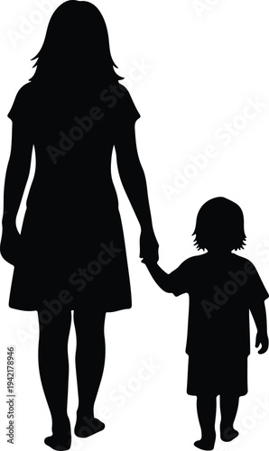 Vector Mother and Child Holding Hands Walking Together Minimalist silhouette design
