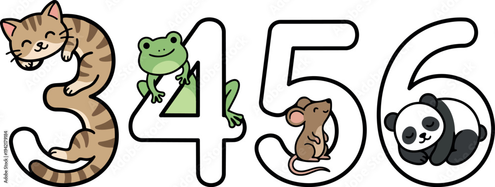 Fototapeta premium Cute sleeping cat on number three smiling green frog perched on number four brown mouse sitting on number five sleeping panda curled on number six adorable animal numbers vector illustration