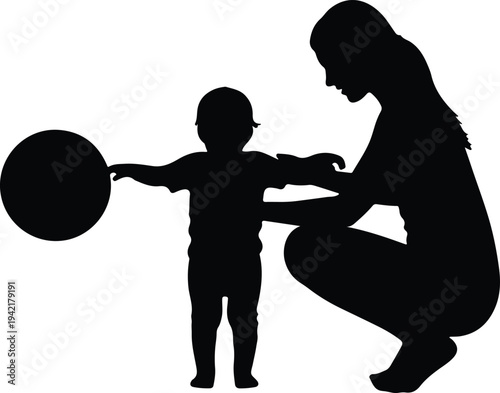 Vector mother and child playing together with a ball silhouette design