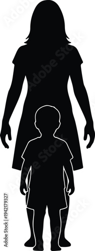 Vector mother and child standing together minimalist family graphic silhouette design