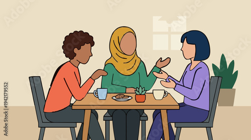 Three diverse women friends talking and gesturing while sitting at a table with coffee and snacks in a casual indoor setting natural lighting